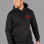 Men's black hoodie with small red Better Never Stops logo.