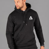 Men's black hoodie with small white Better Never Stops logo. 