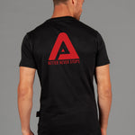 Back view of men's black t-shirt with red Better Never Stops logo. 