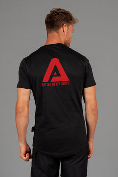 Back view of men's black t-shirt with red Better Never Stops logo. 