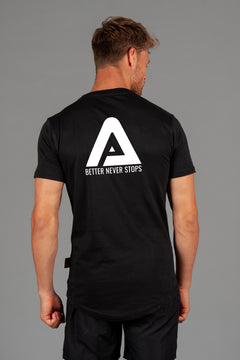 Back view of men's black t-shirt with white Better Never Stops logo.