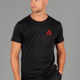 Men's black t-shirt with small red Better Never Stops logo.