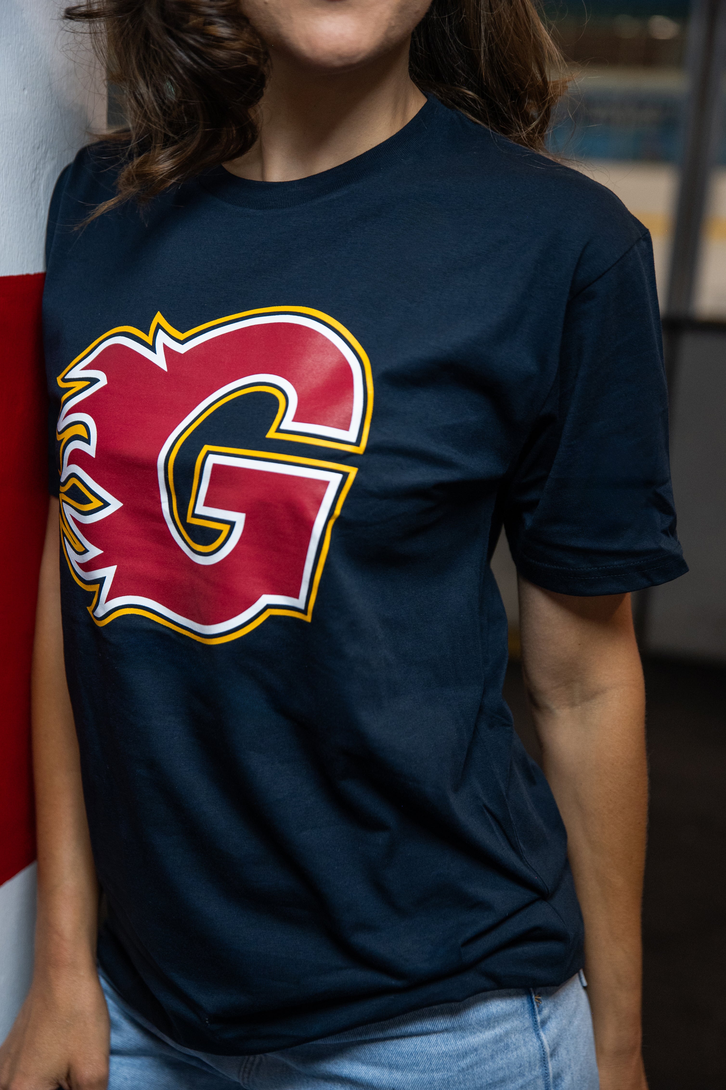 Guildford flames navy t shirt with the main G logo screen printed on the front 