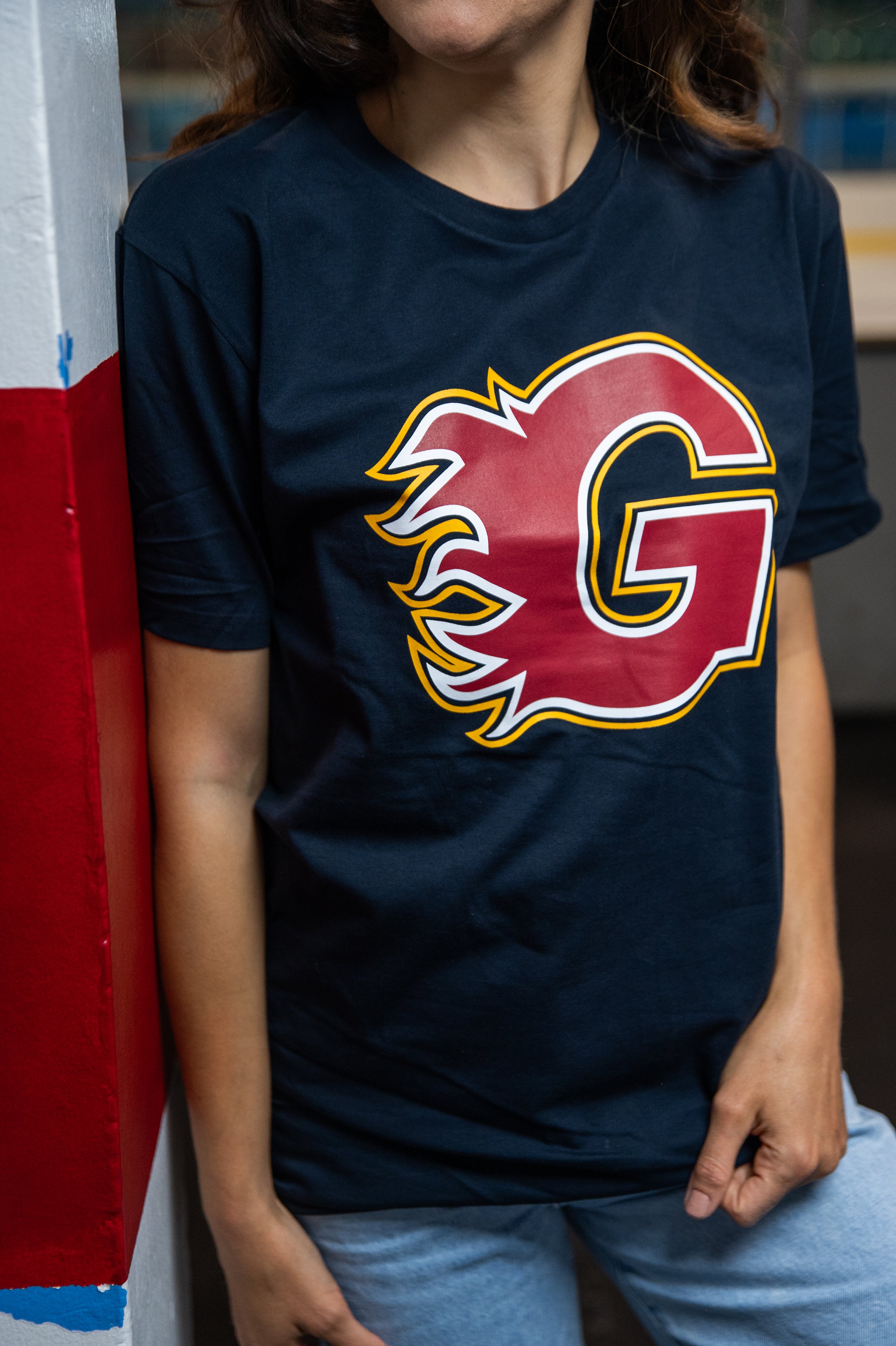 Guildford Flames Navy T shirt with the main G Logo screen Printed on the Front 