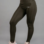 Women's olive full length workout leggings with small white hip logo.