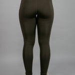 Back view of women's olive full length workout leggings.