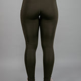 Back view of women's olive full length workout leggings.