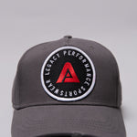 Grey Legacy baseball cap with white, red and black logo.