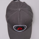 Grey Legacy baseball cap with white, red and black logo.