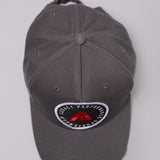 Grey Legacy baseball cap with white, red and black logo.