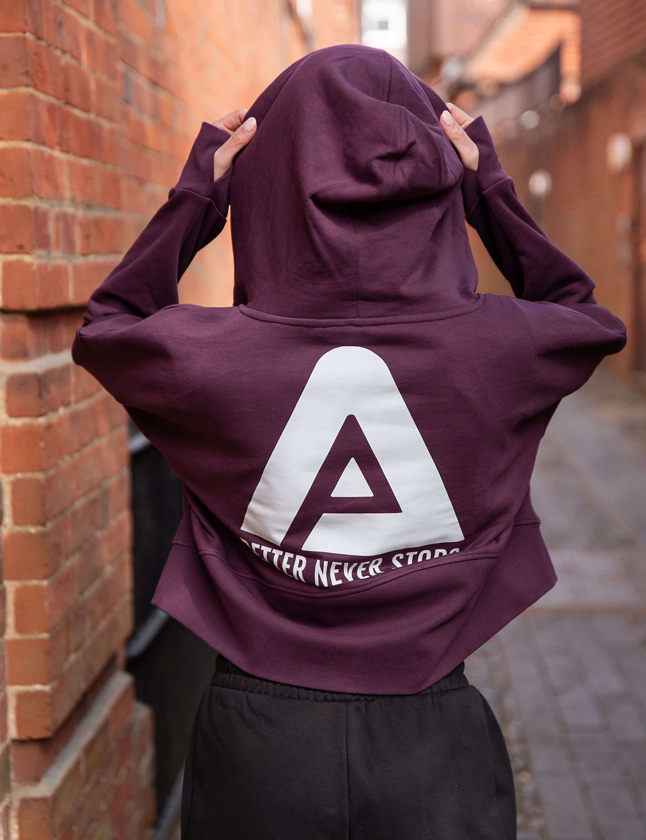 Back view of women's burgundy cropped hoodie with white Better Never Stops logo.