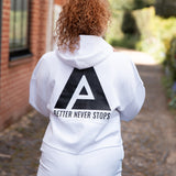 Back view of women's white cropped hoodie with black Better Never Stops logo.