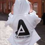Back view of women's white oversized crop hoodie with tie waist and black Better Never Stops logo.