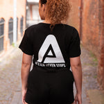 Back view of women's black crop t-shirt with white Better Never Stops logo.
