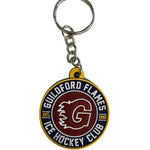 A circular rubber keychain featuring the Guildford Flames ice hockey club logo, attached to a silver metal split ring on a light gray background.