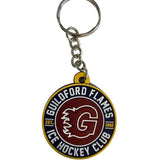 A circular rubber keychain featuring the Guildford Flames ice hockey club logo, attached to a silver metal split ring on a light gray background.