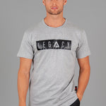 Men's grey t-shirt with black boxed Legacy logo across chest. 