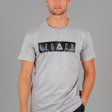 Men's grey t-shirt with black boxed Legacy logo across chest. 