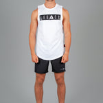 Men's white tank with black boxed Legacy logo across chest. 