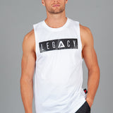 Men's white tank with black boxed Legacy logo across chest. 