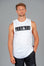 Men's white tank with black boxed Legacy logo across chest. 