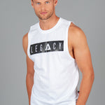 Men's white tank with black boxed Legacy logo across chest. 