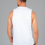 Back view of men's white tank.