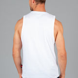Back view of men's white tank.