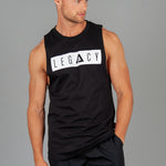 Men's black tank with white boxed Legacy logo across chest. 