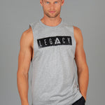 Men's grey tank with black boxed Legacy logo across chest. 