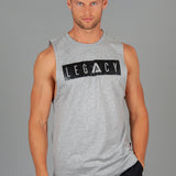 Men's grey tank with black boxed Legacy logo across chest. 