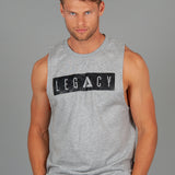 Men's grey tank with black boxed Legacy logo across chest. 
