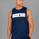Men's navy tank with white boxed Legacy logo across chest. 