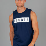 Men's navy tank with white boxed Legacy logo across chest. 