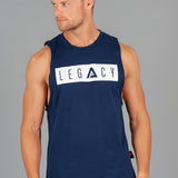 Men's navy tank with white boxed Legacy logo across chest. 