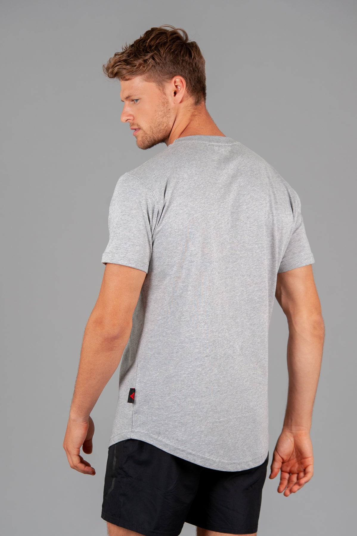 Back view of men's grey t-shirt.
