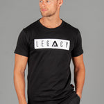Men's black t-shirt with white boxed Legacy logo across chest. 