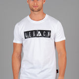 Men's white t-shirt with black boxed Legacy logo across chest. 