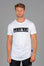 Men's white t-shirt with black boxed Legacy logo across chest. 