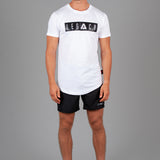 Men's white t-shirt with black boxed Legacy logo across chest. 