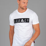 Men's white t-shirt with black boxed Legacy logo across chest. 