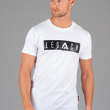 Men's white t-shirt with black boxed Legacy logo across chest. 