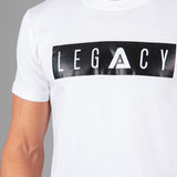 Men's white t-shirt with black boxed Legacy logo across chest. 