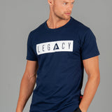 Men's navy t-shirt with white boxed Legacy logo across chest. 