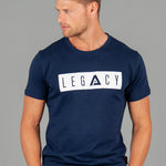 Men's navy t-shirt with white boxed Legacy logo across chest. 