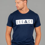 Men's navy t-shirt with white boxed Legacy logo across chest. 