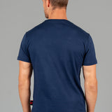 Back view of men's navy t-shirt.
