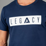 Men's navy t-shirt with white boxed Legacy logo across chest. 