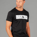Men's black t-shirt with white boxed Legacy logo across chest. 