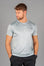 Men's silver moisture wicking crewneck t-shirt with black logo.